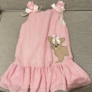 Pink Seersucker Bow-Shoulder Dress with Puppy Applique - Girls